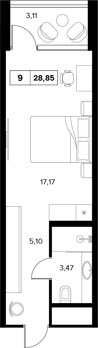 Планировка: 1-комнатная · 28,85 м²
