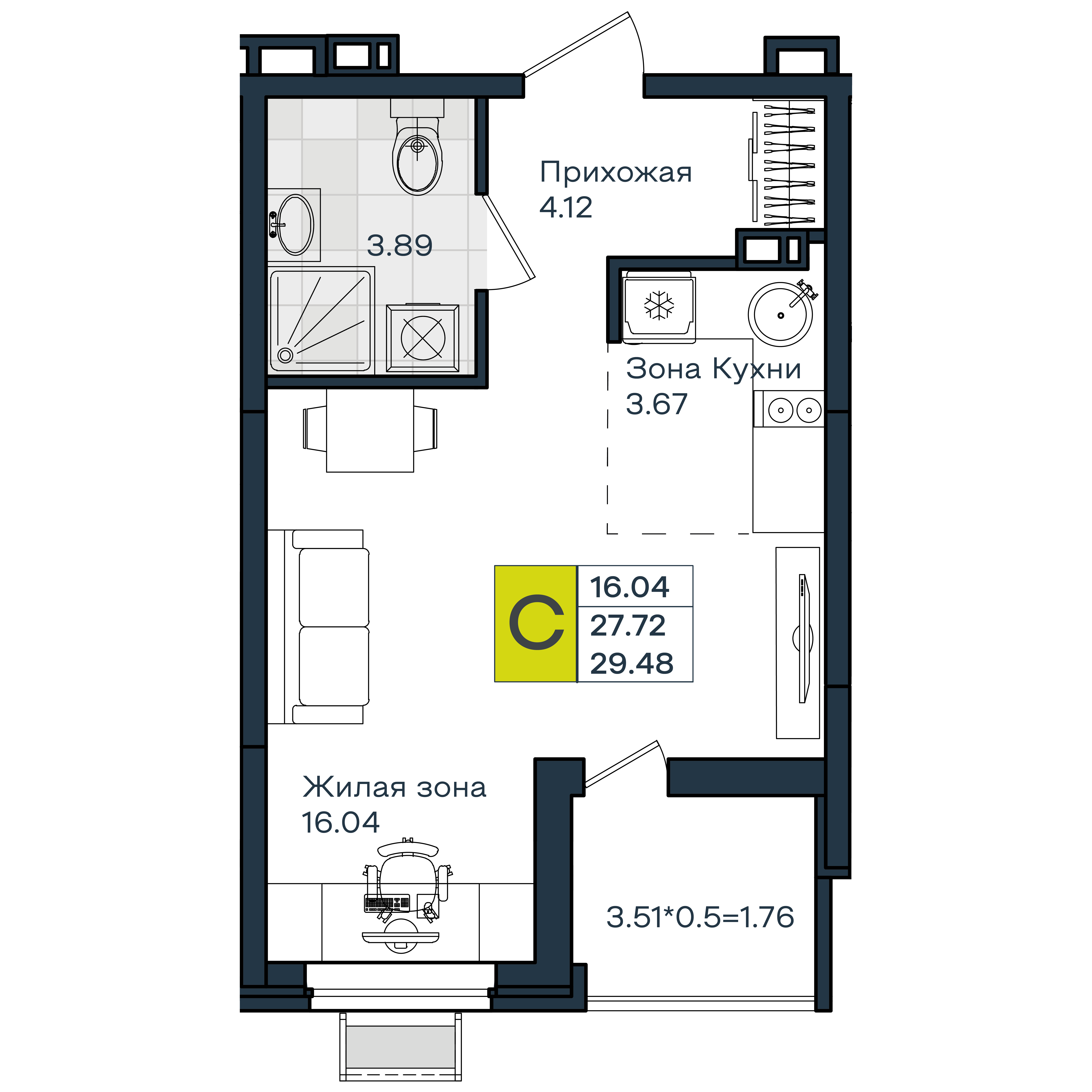 Планировка: Студия · 29,48 м²