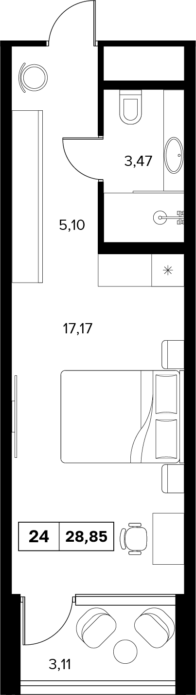 Планировка: 1-комнатная · 28,85 м²