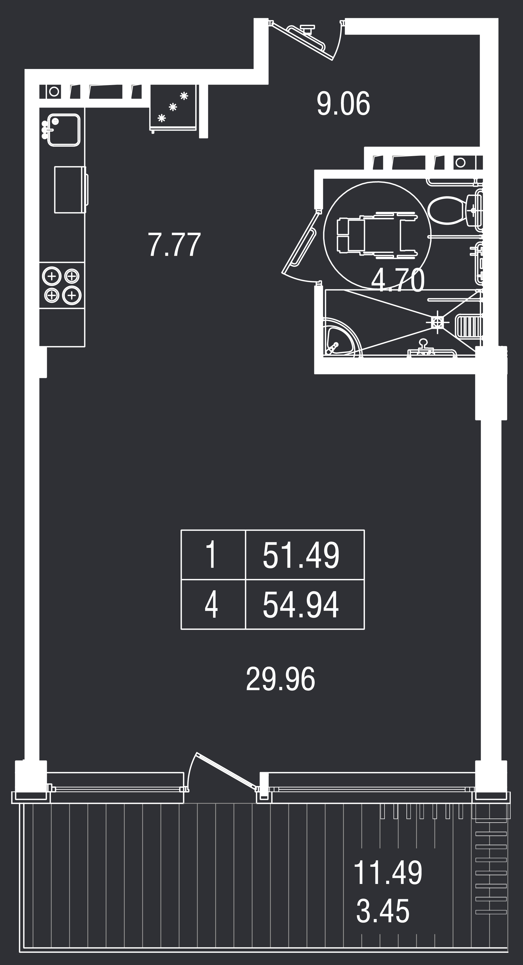 Планировка: 1-комнатная · 54,94 м²