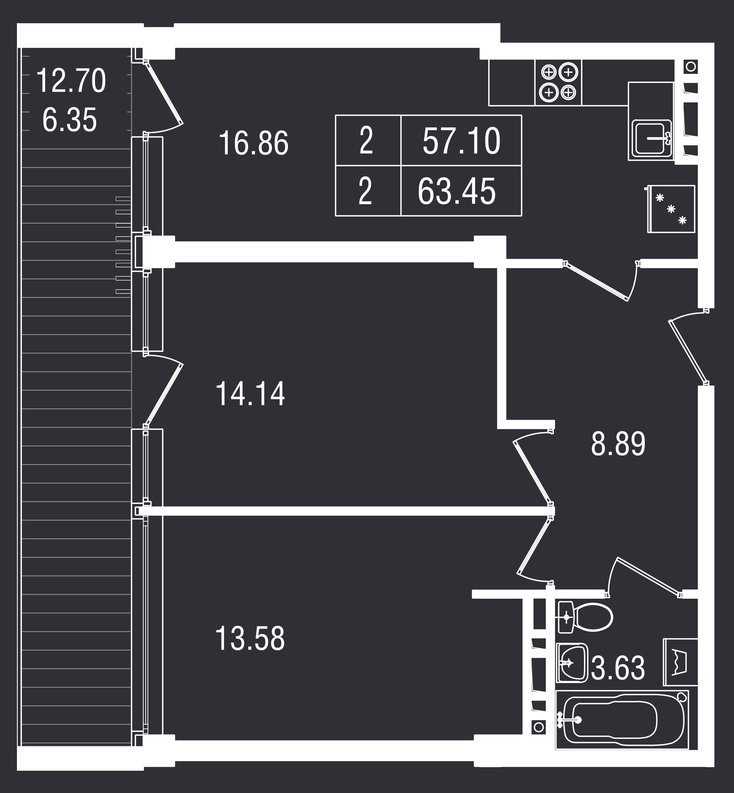 Планировка: 2-комнатная · 63,45 м²