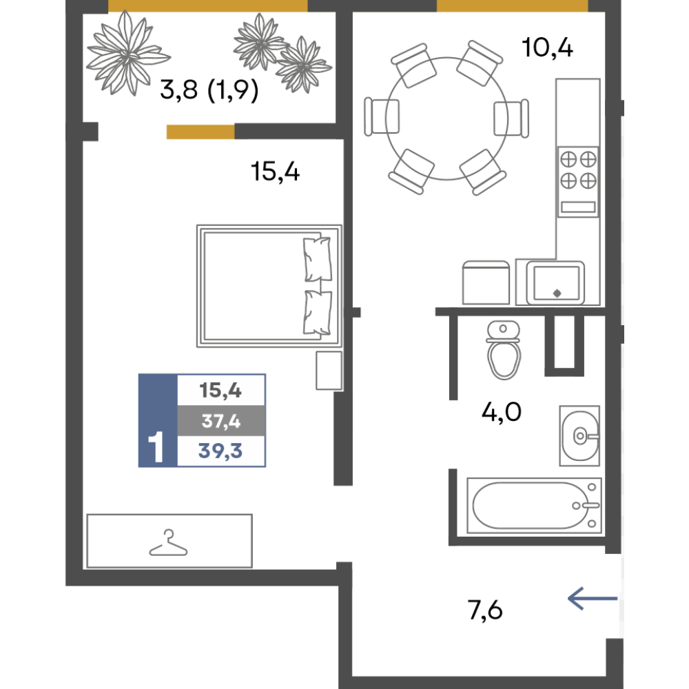 Планировка: 1-комнатная · 39,3 м²