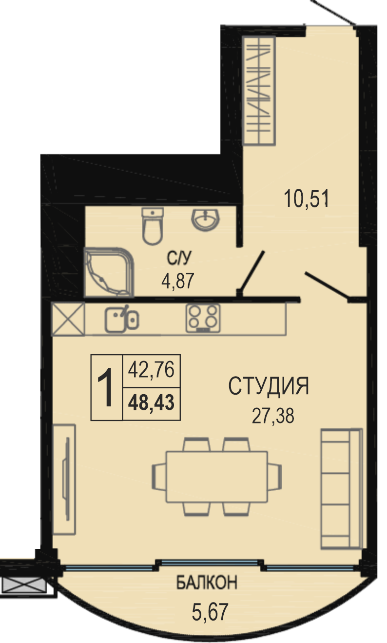 Планировка: Апартаменты · 46,9 м²