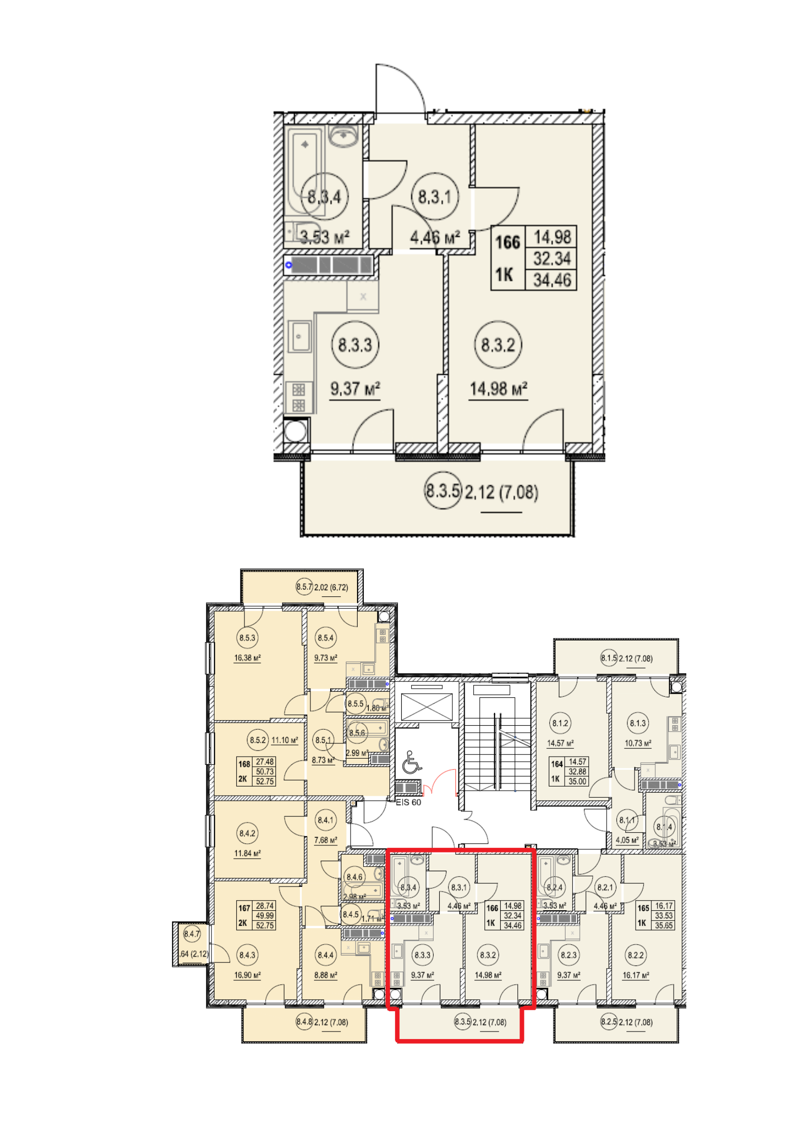 Планировка: 1-комнатная · 34,46 м²