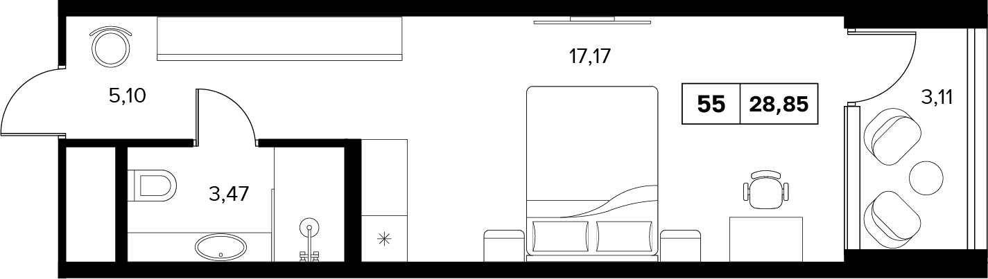 Планировка: 1-комнатная · 28,85 м²