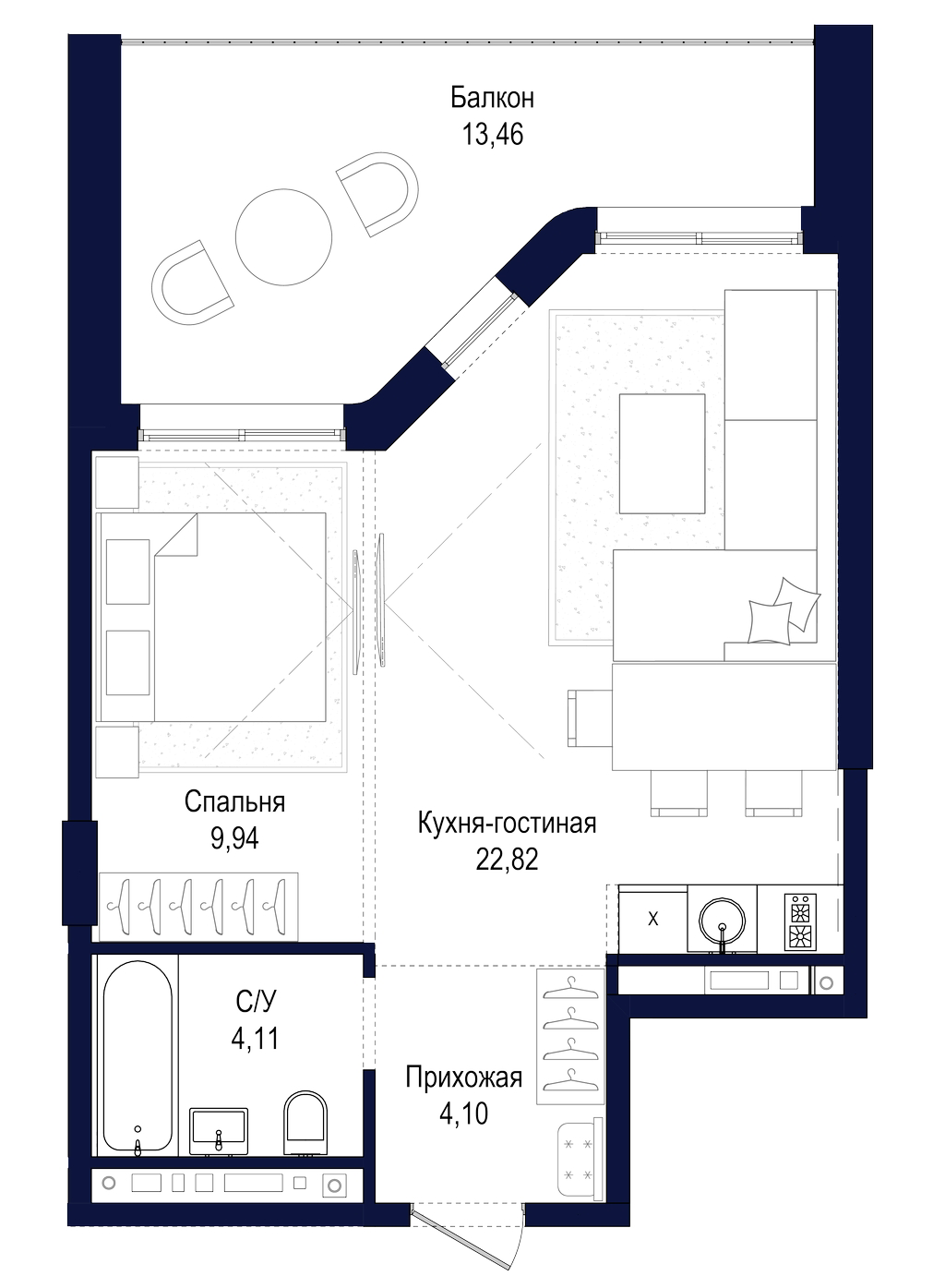 Планировка: 1-комнатная · 54,43 м²