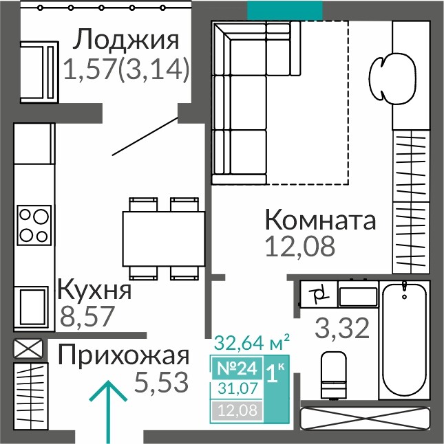 Планировка: 1-комнатная · 31,07 м²