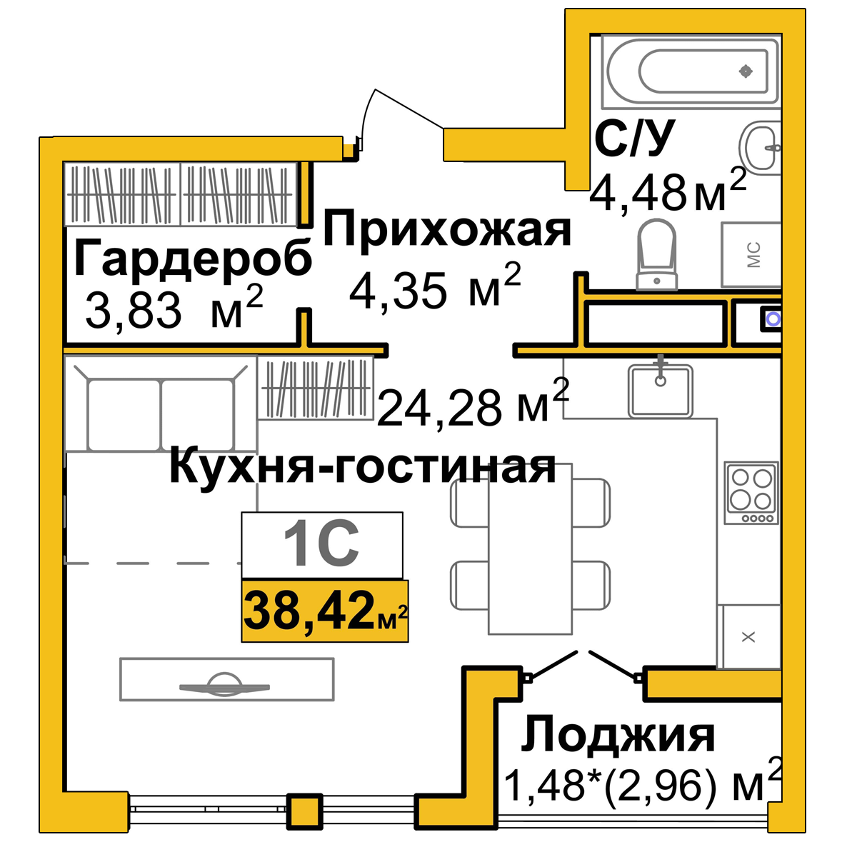 Планировка: 1-комнатная · 36,6 м²
