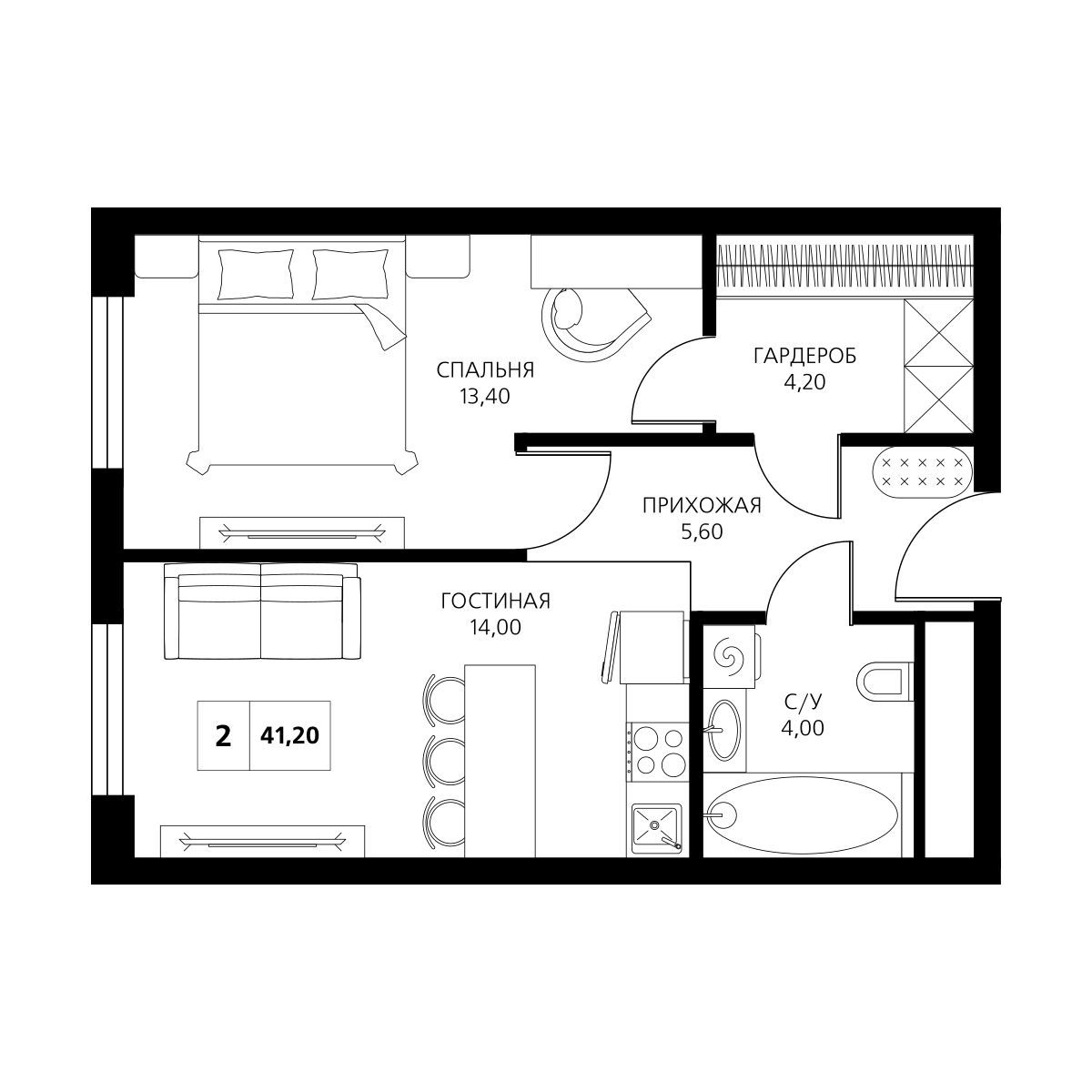 Планировка: Апартаменты · 41,2 м²