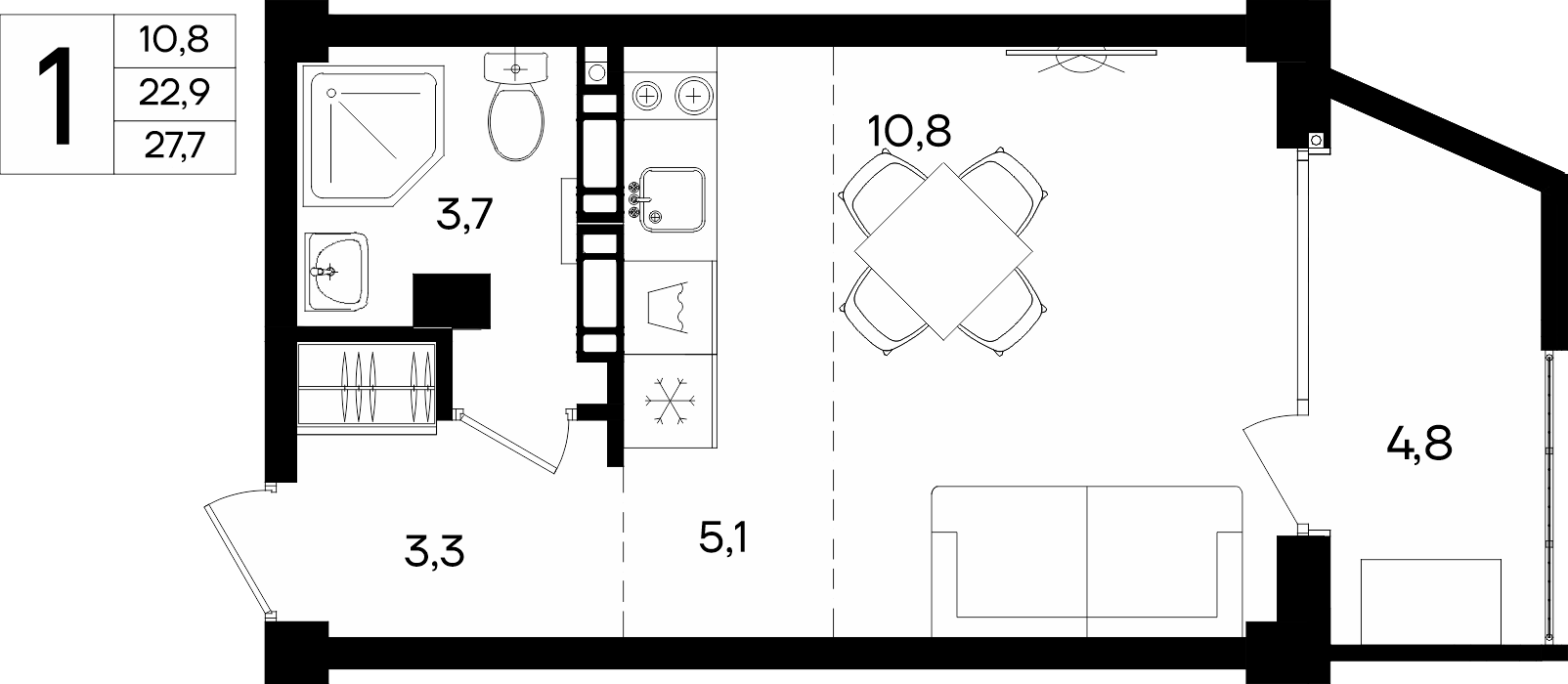 Планировка: 1-комнатная · 27,7 м²