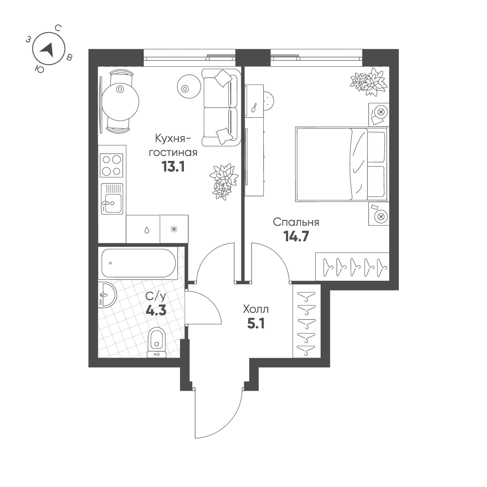 Планировка: 1-комнатная · 37,2 м²