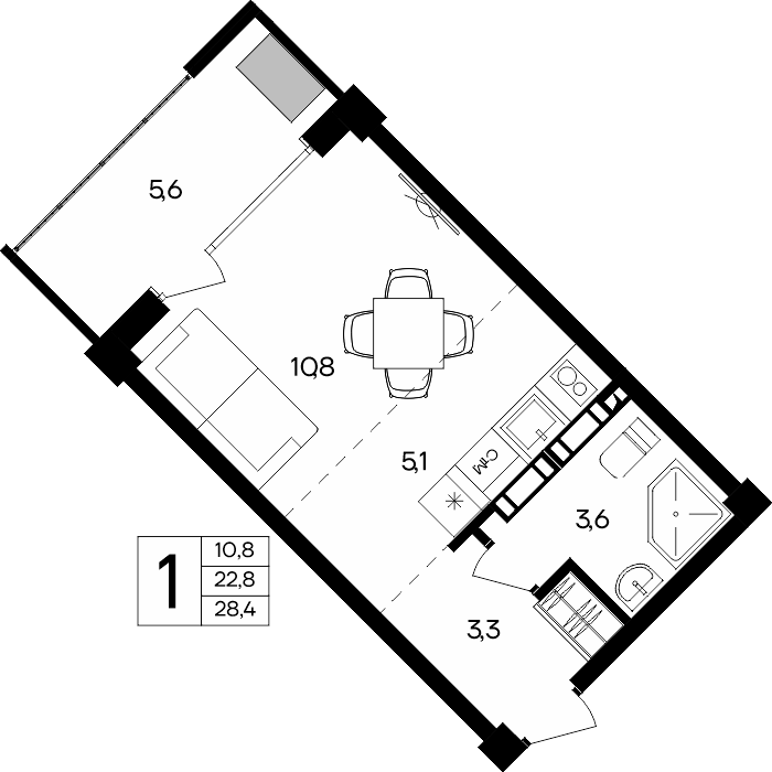 Планировка: 1-комнатная · 28,4 м²