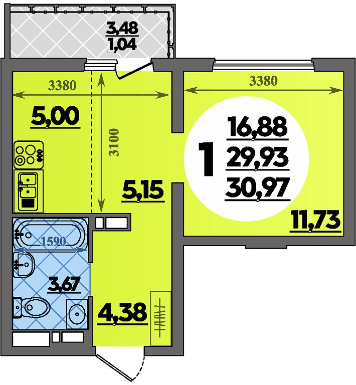 Планировка: Студия · 30,97 м²