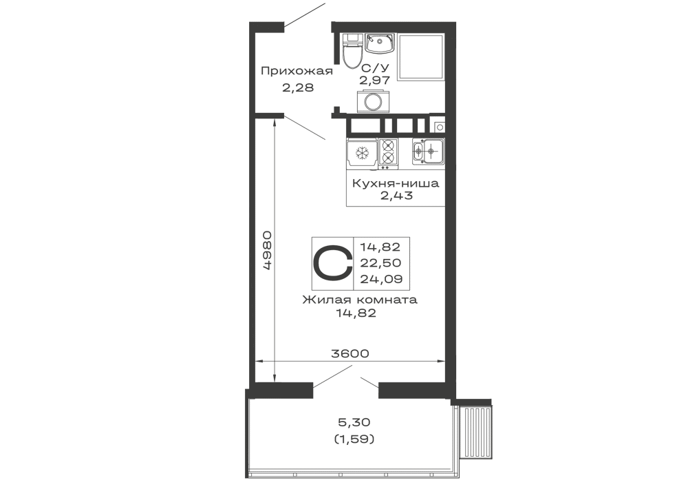 Планировка: Студия · 24,09 м²
