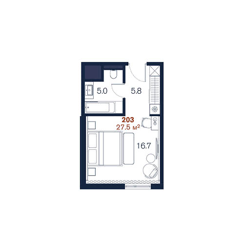 Планировка: Студия · 27,5 м²