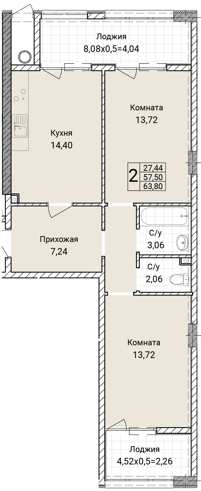 Планировка: 1-комнатная · 63,8 м²