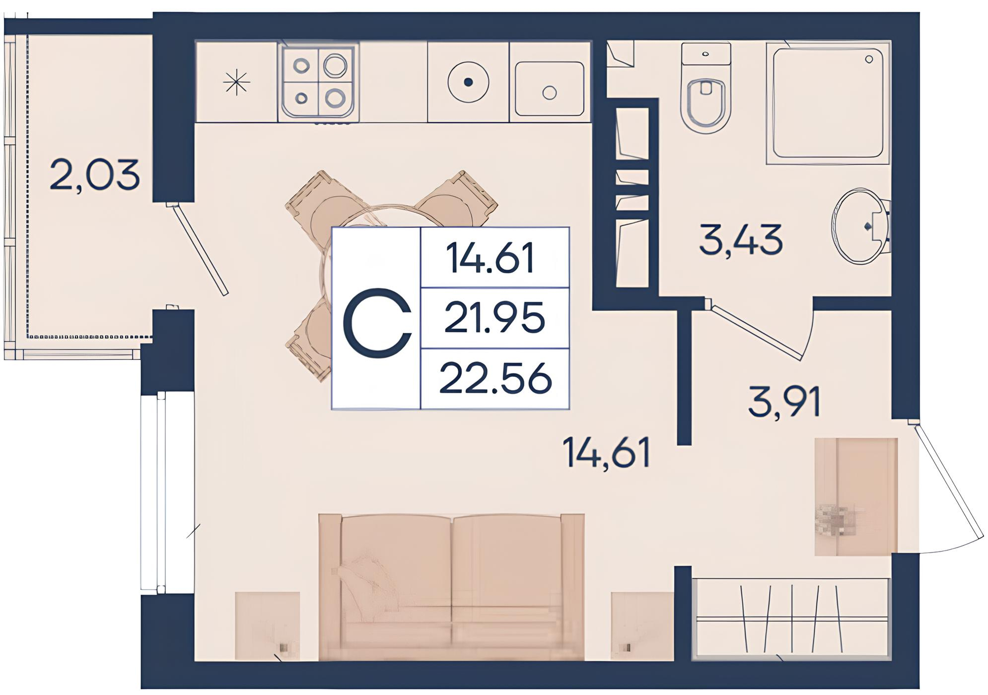 Планировка: Студия · 22,56 м²