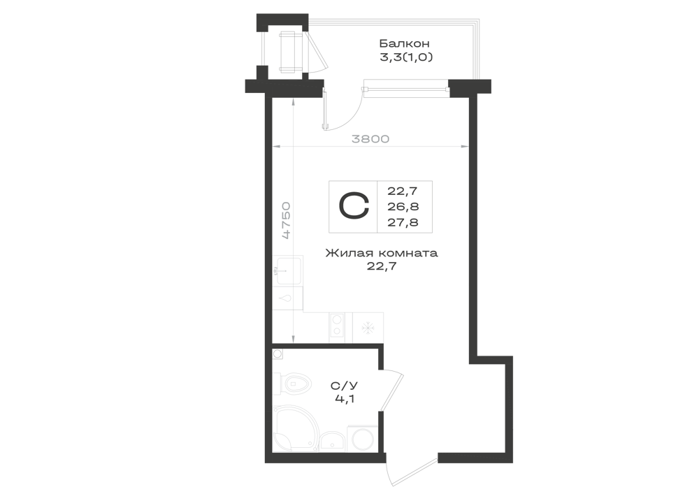 Планировка: 1-комнатная · 27,8 м²