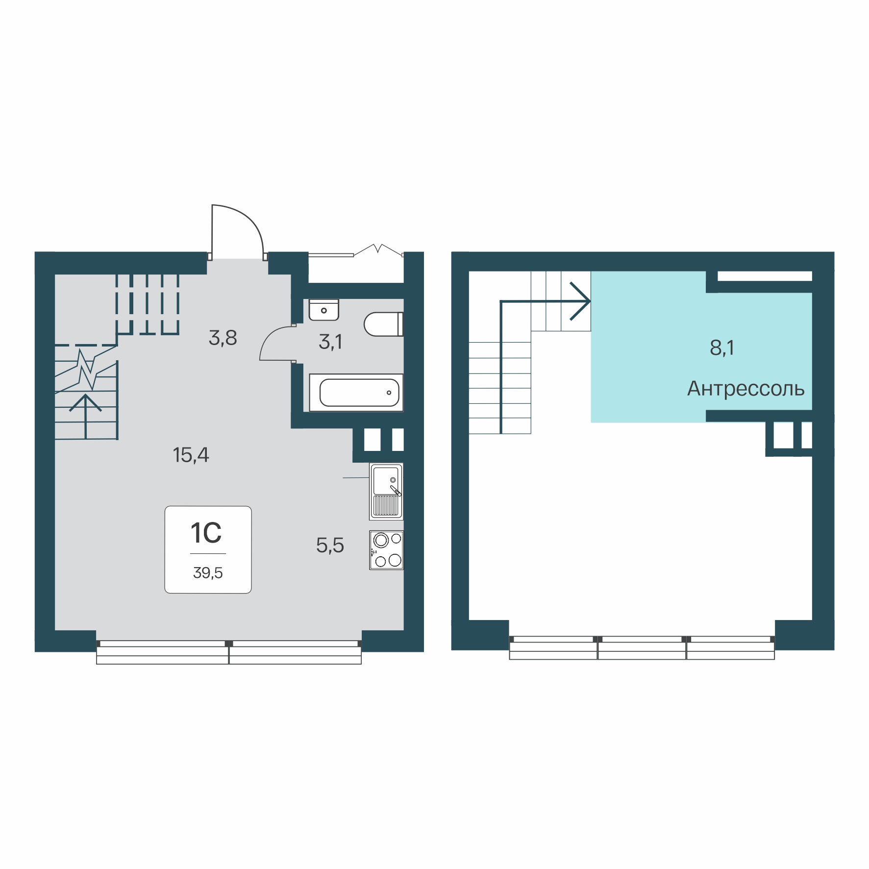 Планировка: Студия · 39,5 м²