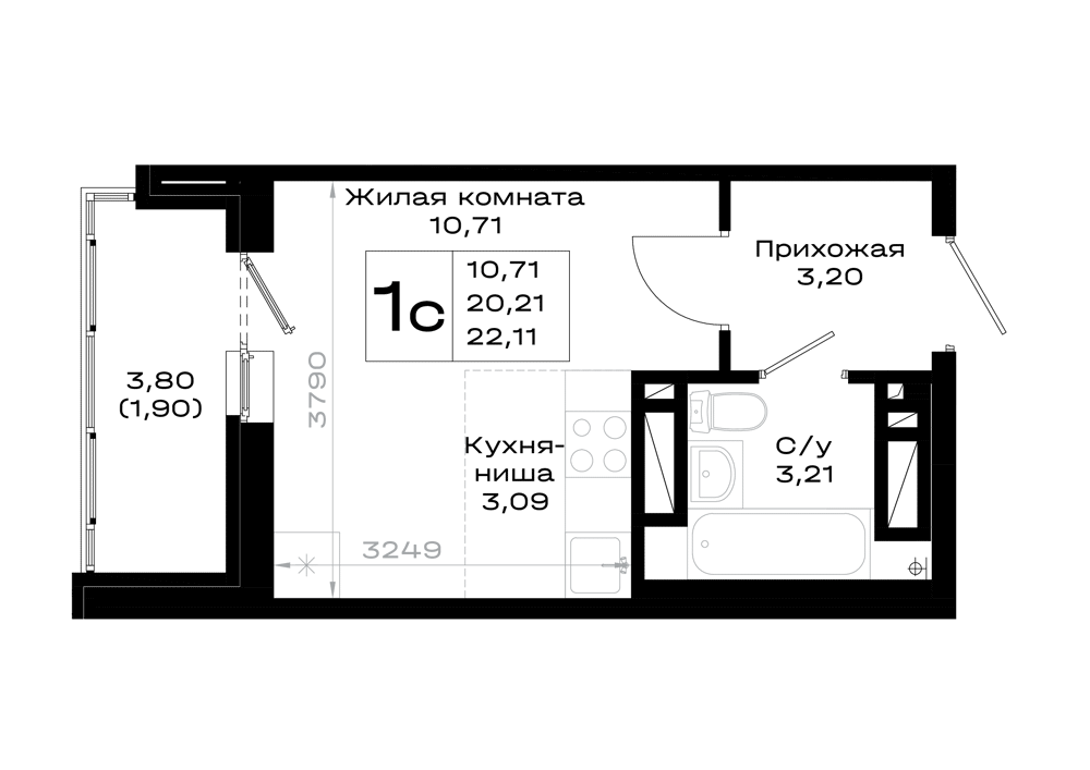 Планировка: Студия · 22,07 м²