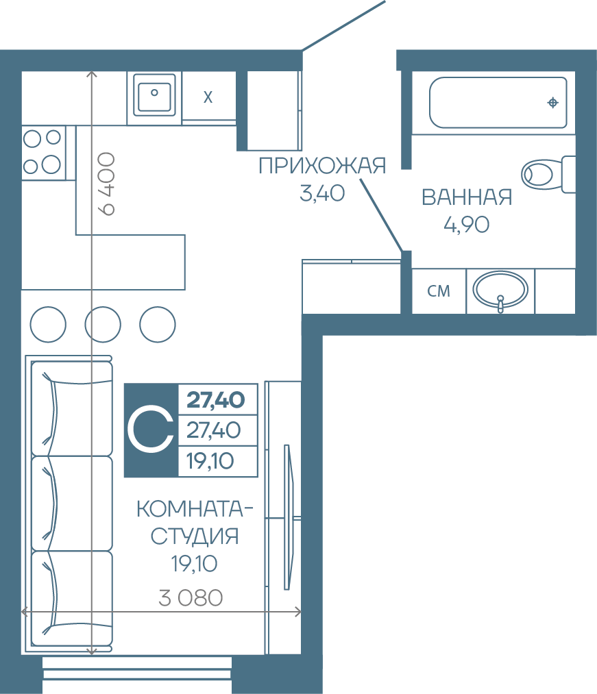 Планировка: Студия · 27,4 м²