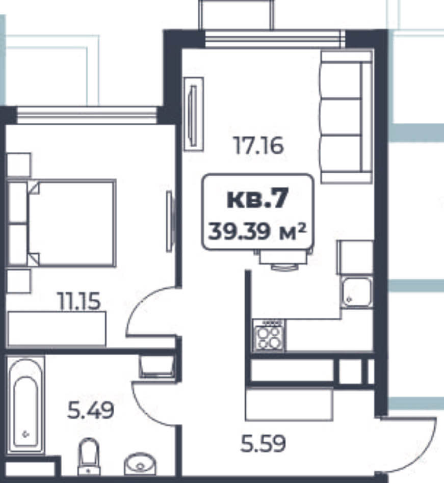Планировка: 1-комнатная · 39,39 м²
