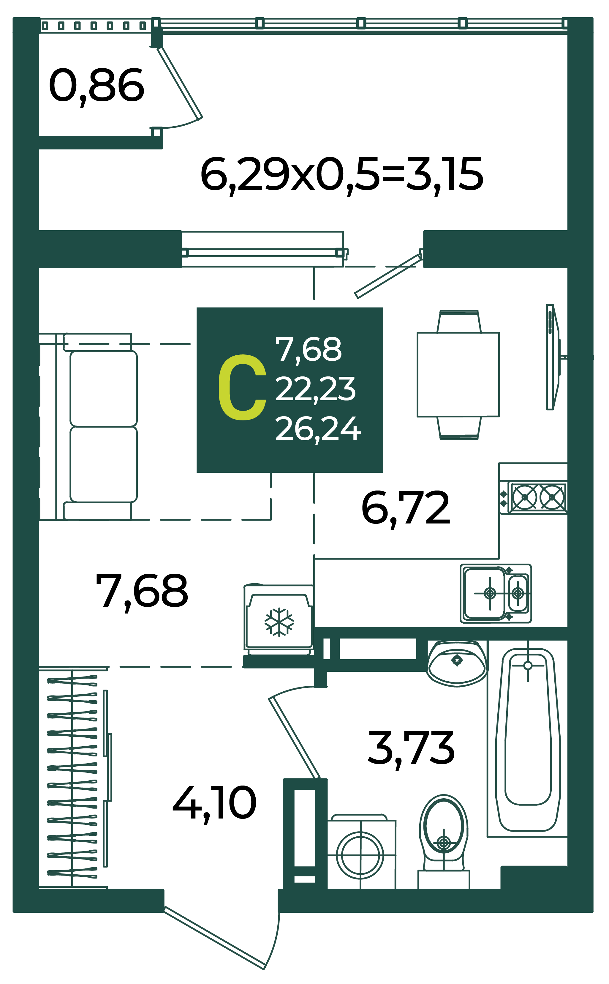 Планировка: Студия · 26,24 м²