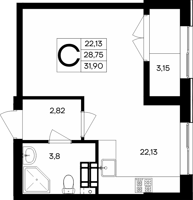 Планировка: Студия · 31,9 м²