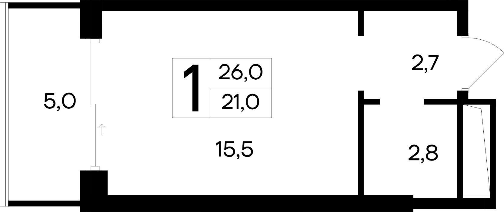 Планировка: 1-комнатная · 26 м²