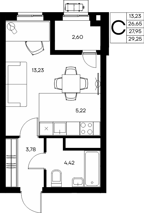 Планировка: Студия · 29,03 м²