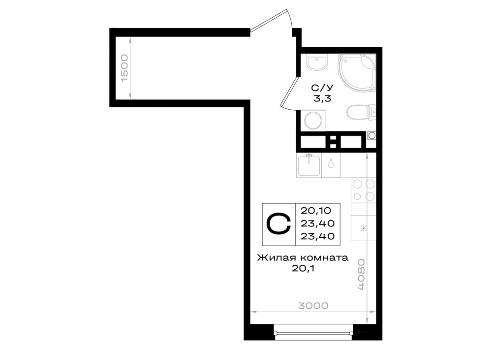Планировка: Студия · 23,4 м²