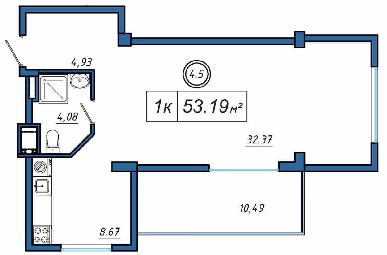 Планировка: 1-комнатная · 53,19 м²