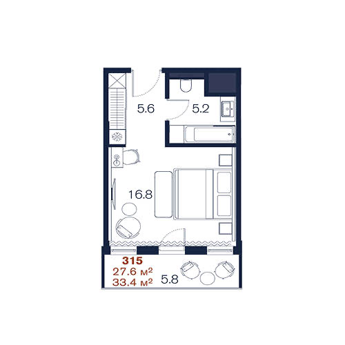 Планировка: Студия · 33,4 м²
