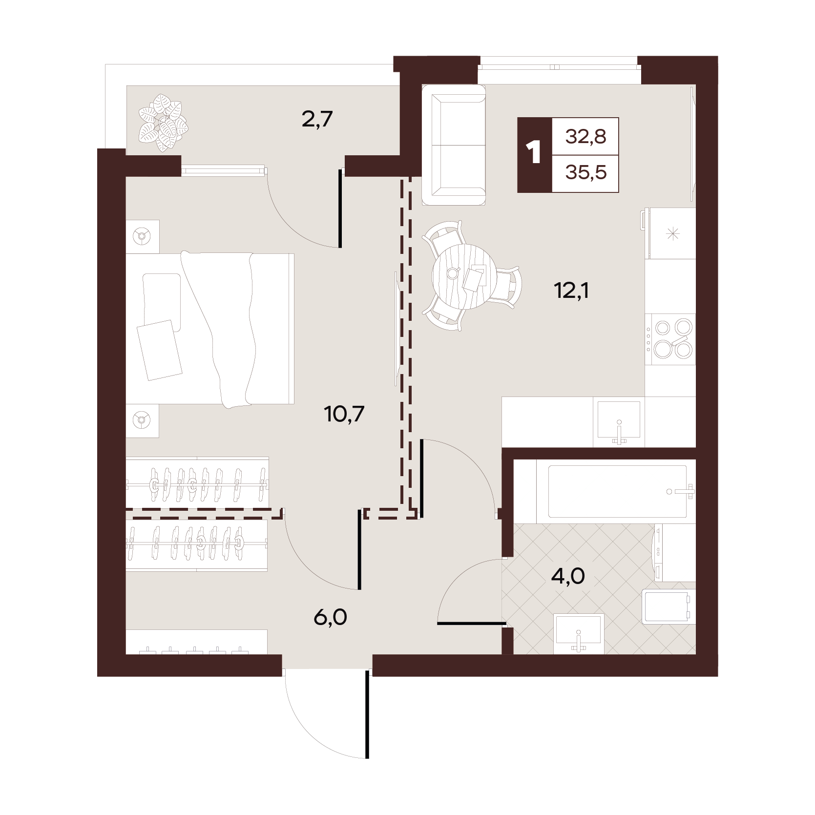 Планировка: Студия · 35,5 м²