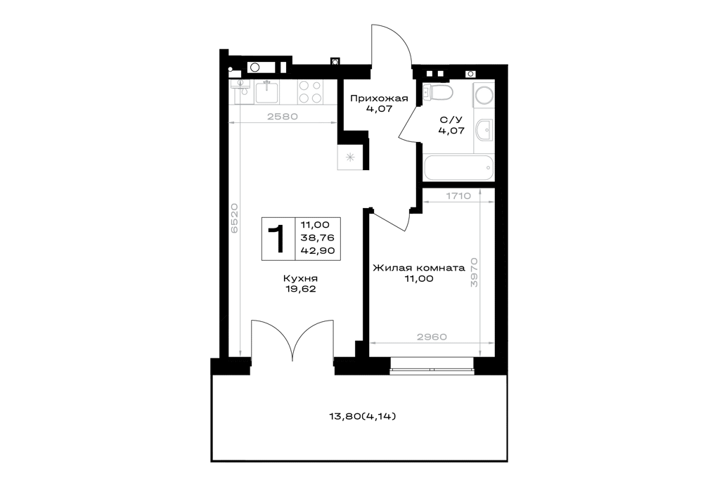 Планировка: 1-комнатная · 42,9 м²