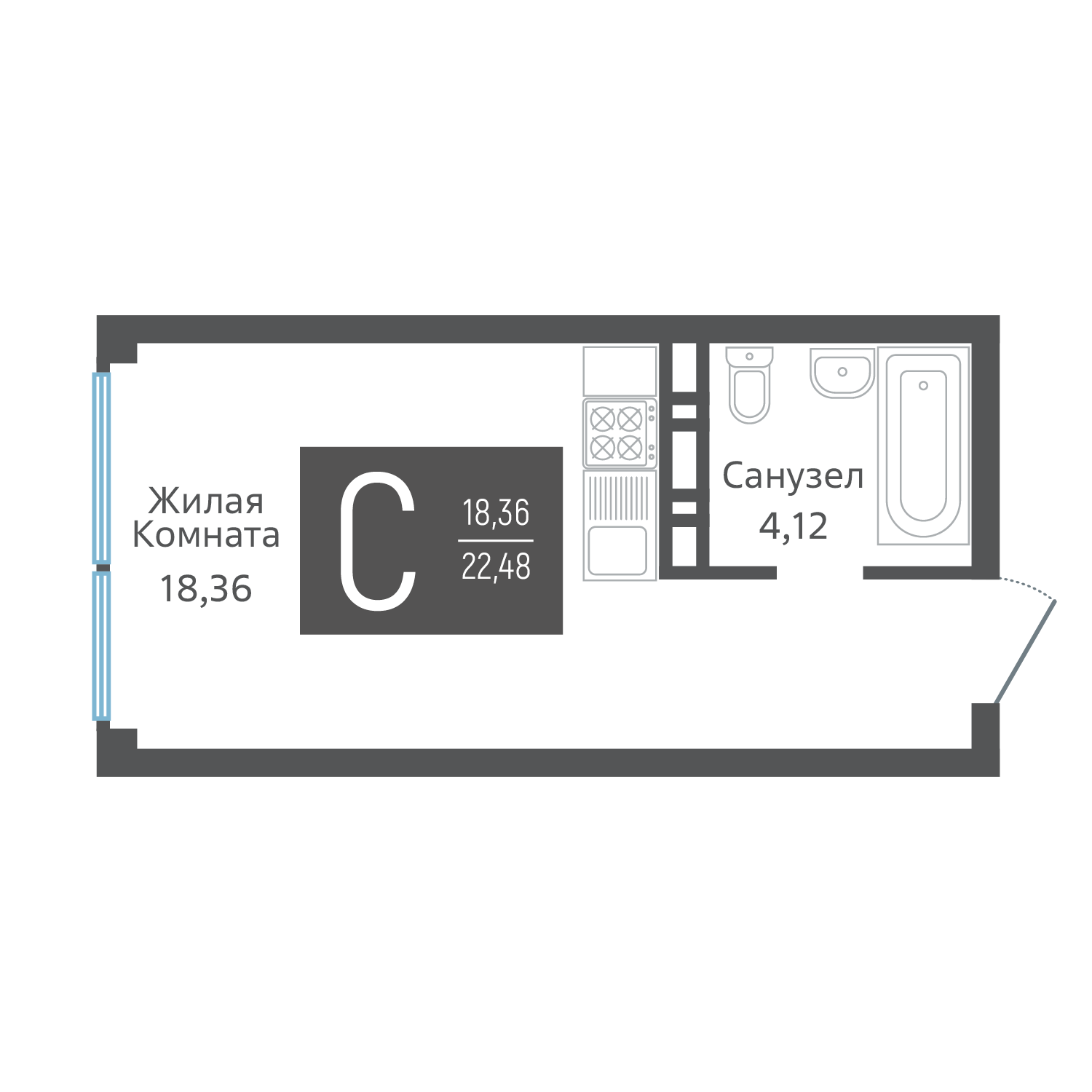 Планировка: Студия · 22,9 м²