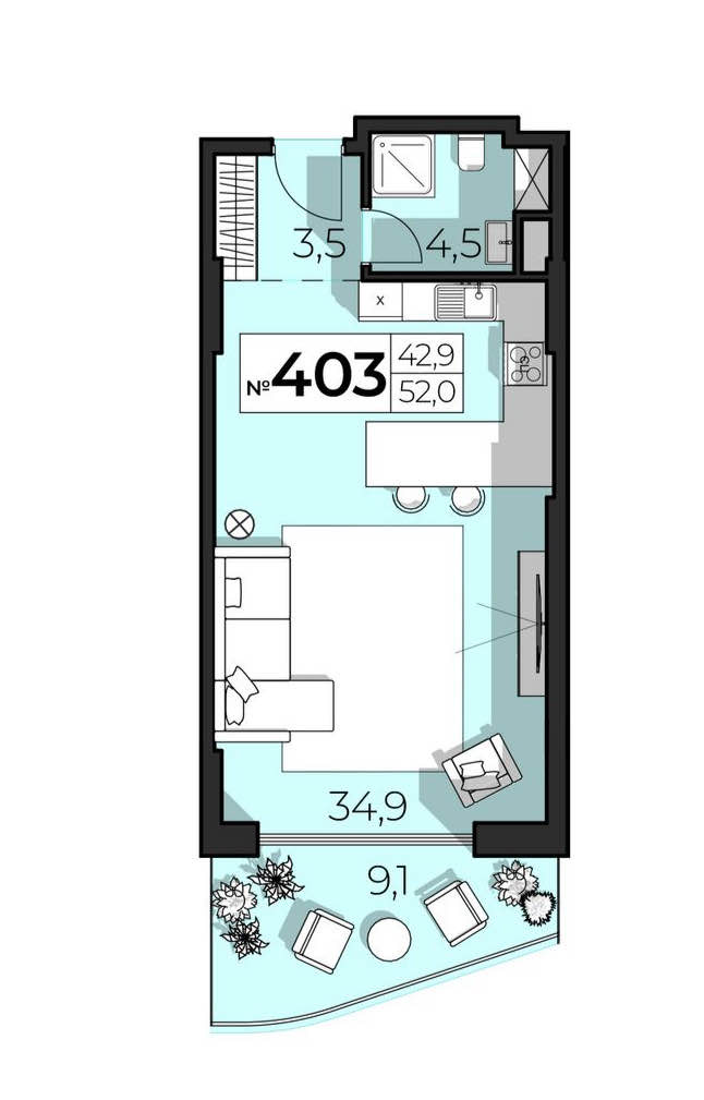 Планировка: 2-комнатная · 52 м²