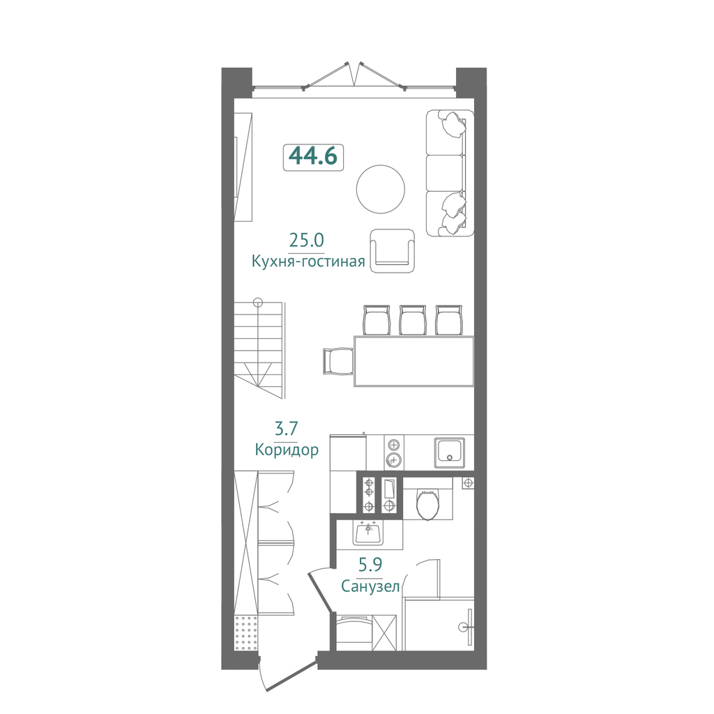 Планировка: Студия · 44,6 м²