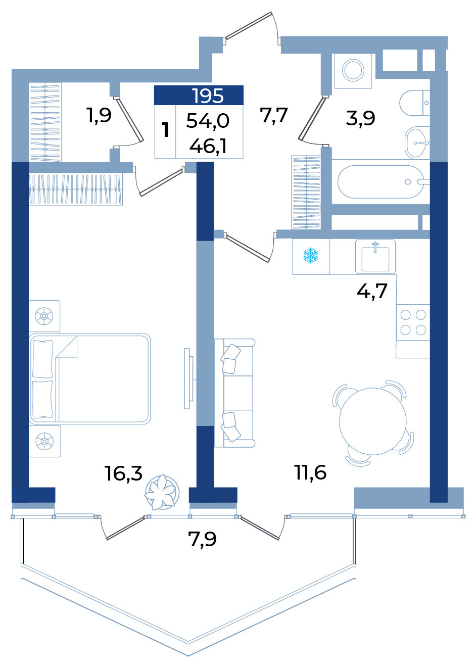 Планировка: 1-комнатная · 54 м²