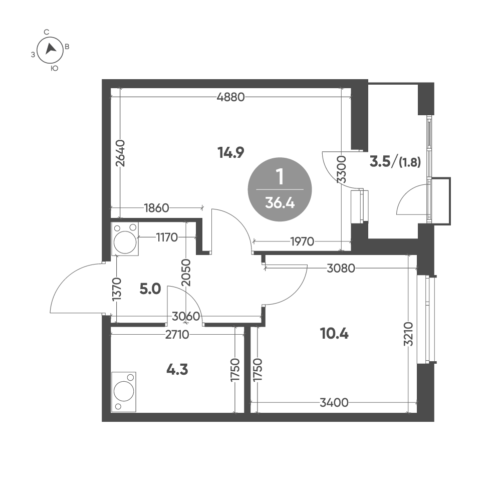 Планировка: 1-комнатная · 36,4 м²