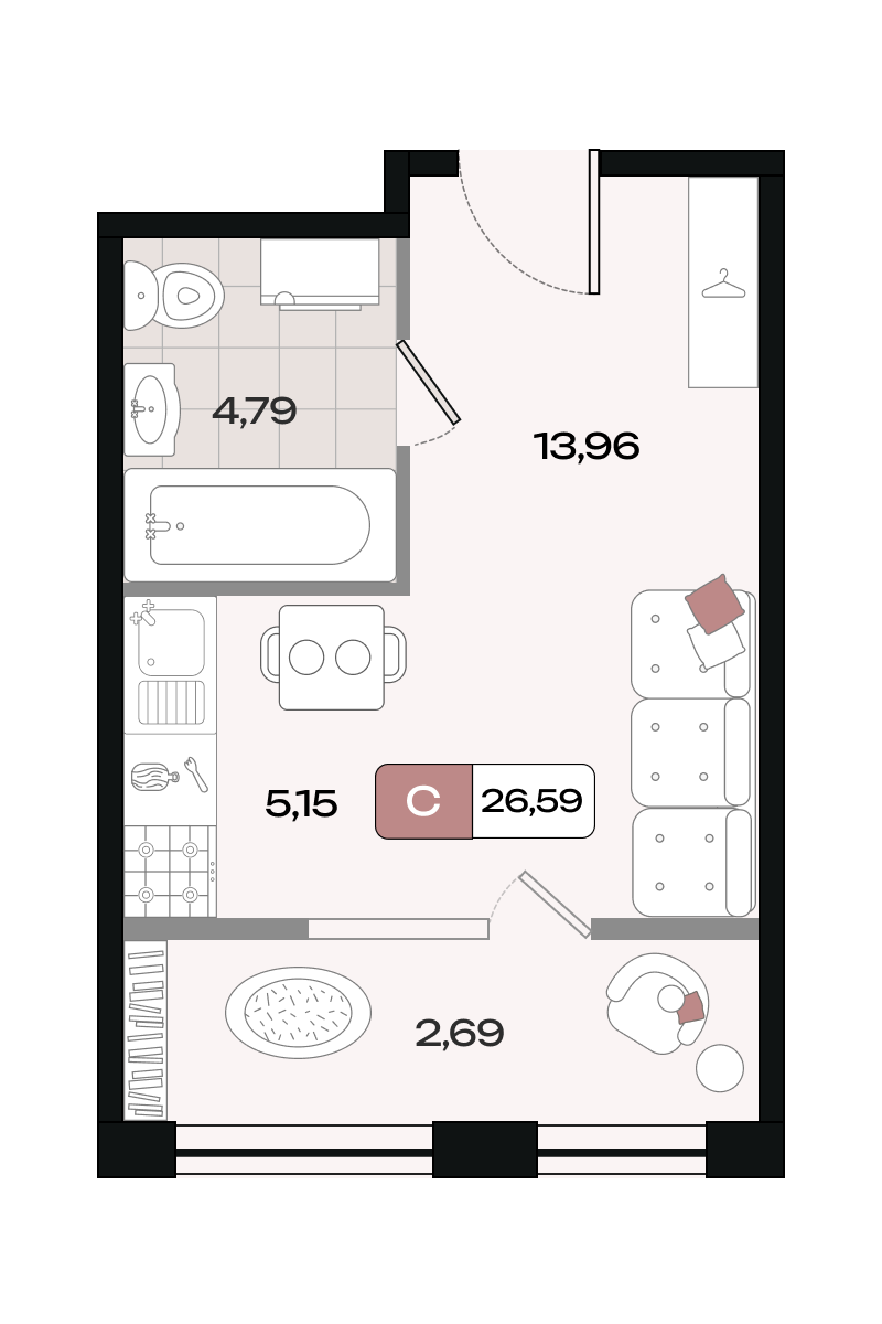 Планировка: Студия · 26,59 м²