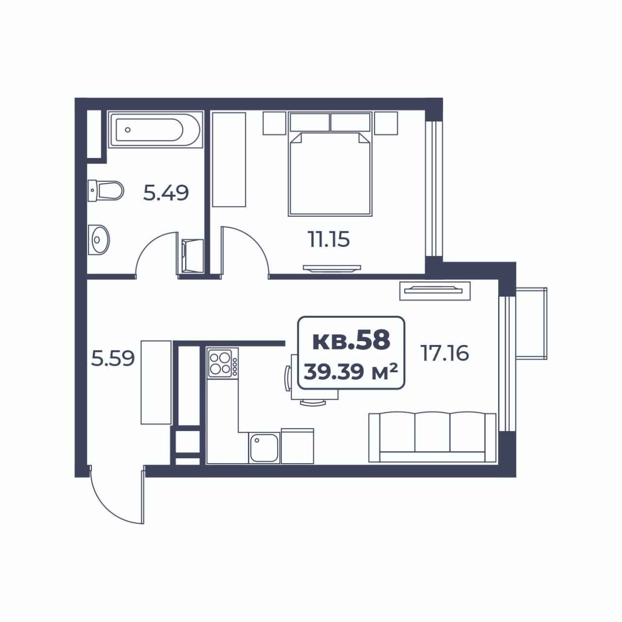 Планировка: 1-комнатная · 39,39 м²
