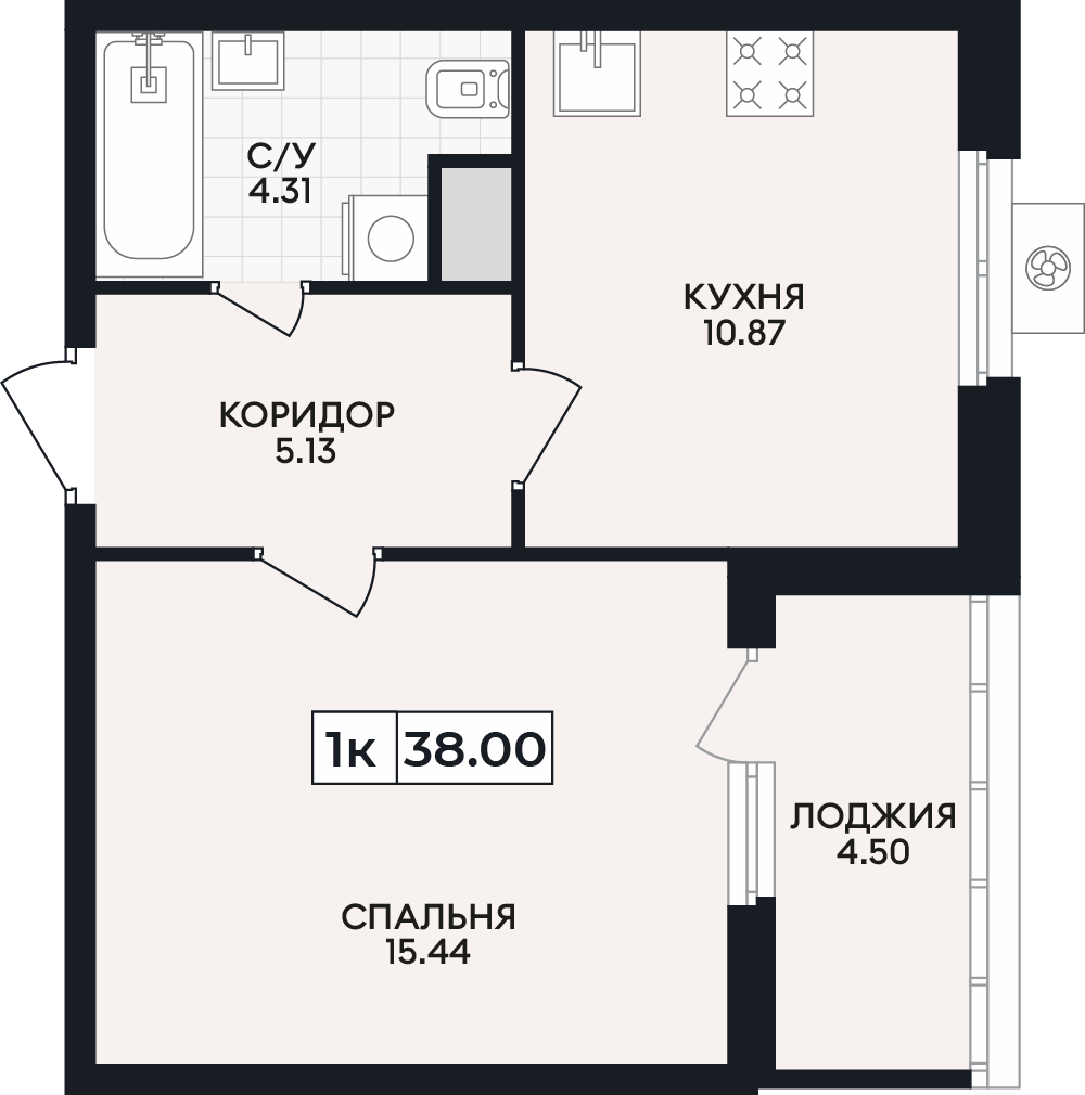 Планировка: 1-комнатная · 38 м²