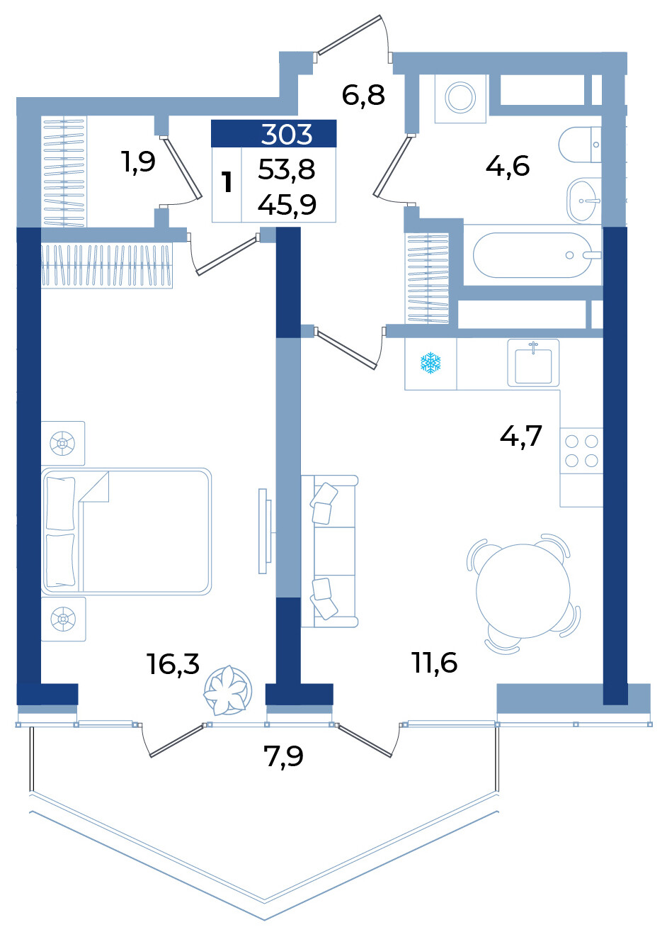 Планировка: 1-комнатная · 53,8 м²