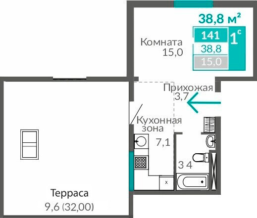 Планировка: Студия · 38,8 м²