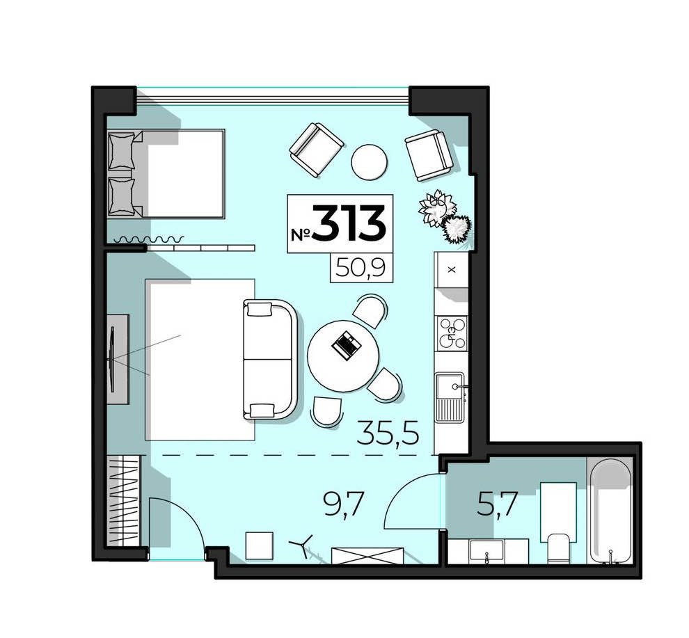 Планировка: 2-комнатная · 50,9 м²