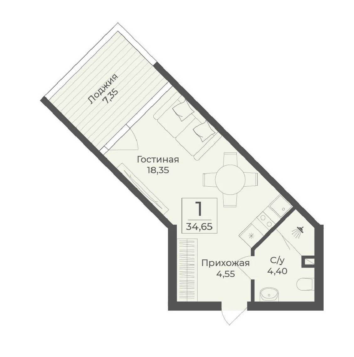 Планировка: 1-комнатная · 34,65 м²