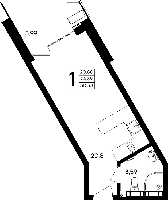 Планировка: 1-комнатная · 30,38 м²