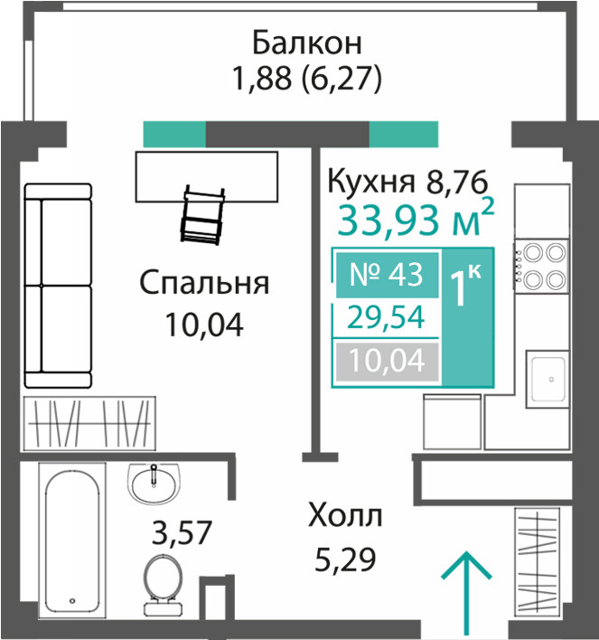 Планировка: 1-комнатная · 29,54 м²