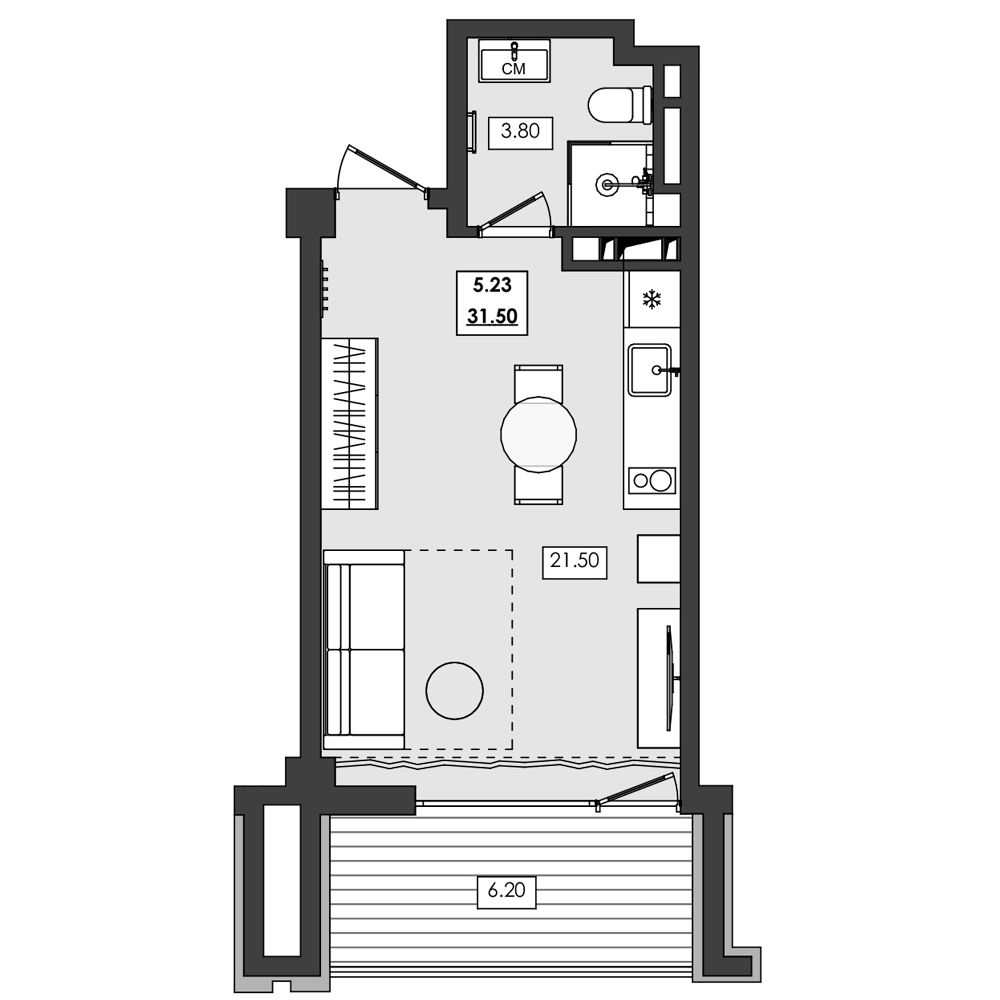 Планировка: Апартаменты · 31,5 м²